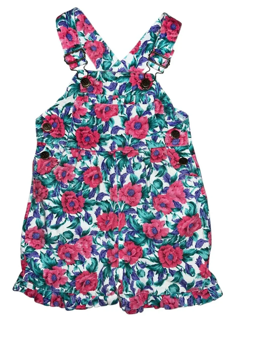 Vintage 80/90s Floral pink purple green denim ruffled shortalls girls size 4T